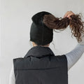 Magnetic cap with open ponytail knitted cap, sports yarn cap, pullover cap, women's cap, automatic magnetic cap, lightweight Oasis Select black