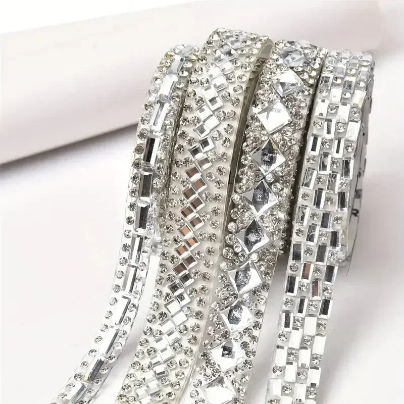 1Yard Glitter White Crystal Rhinestone Tape Trim Self-Adhesive Glass Appliques Diamond Sticker for Dress Shoe Adornment Ribbon Oasis Select