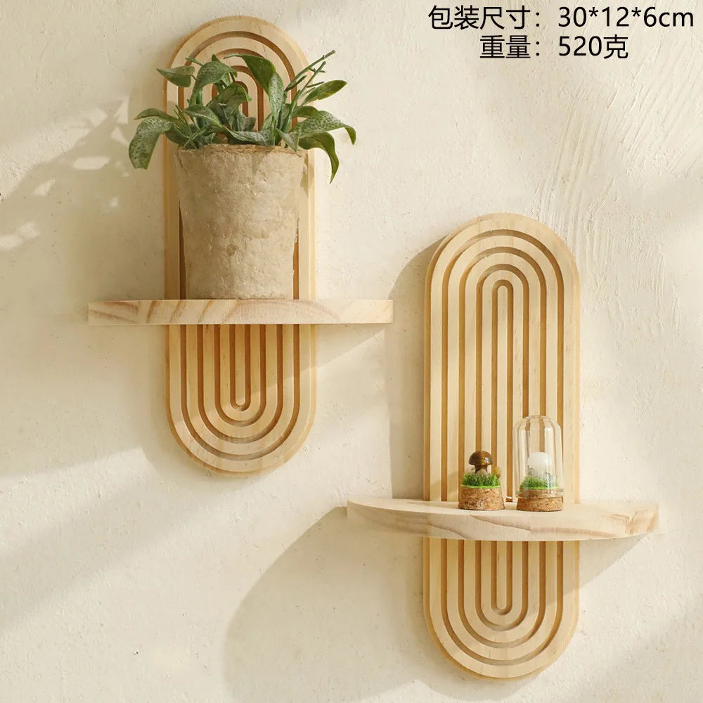 Bohemian Solid Wood Wall Shelf – Oval Flowerpot & Decor Holder