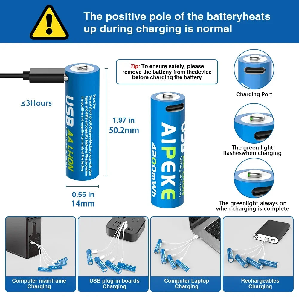 AIPEKE Aa Rechargeable Batteries 4200mWh triple aaa rechargeable batteries 1.5V 1000mWh,USB-C Charging for Remote Control Mouse Oasis Select
