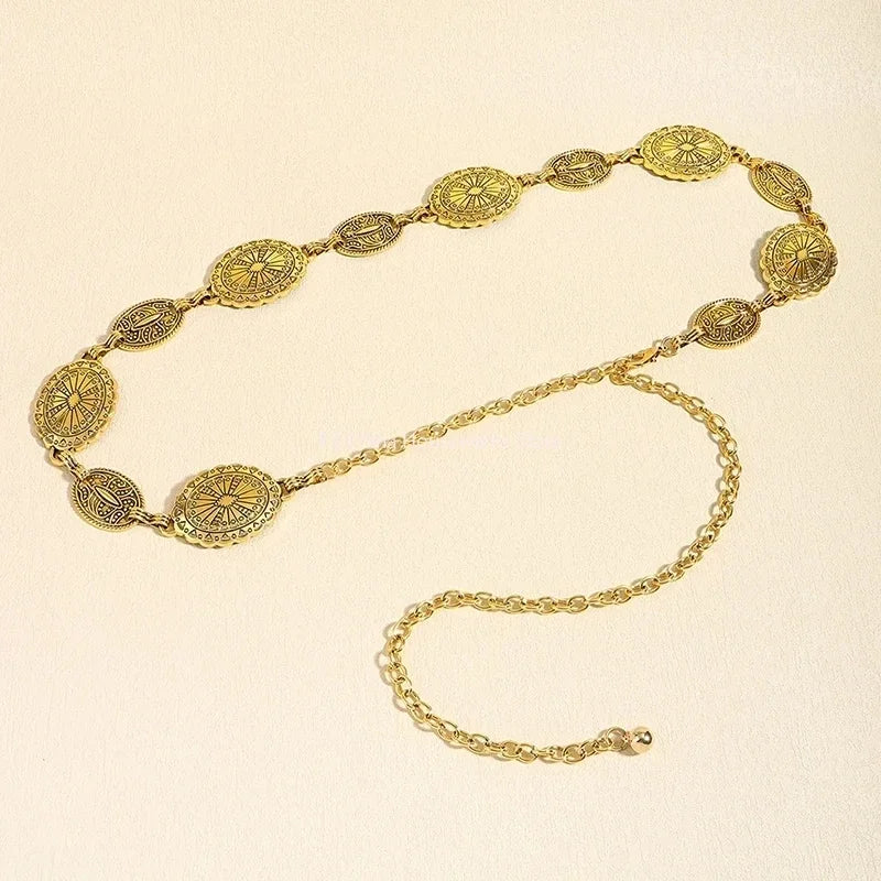 Retro Style Women's Metal Waist Chain - Decorative Circle Carved Chain Belt - High Style Accessories for Dresses & Jeans Oasis Select