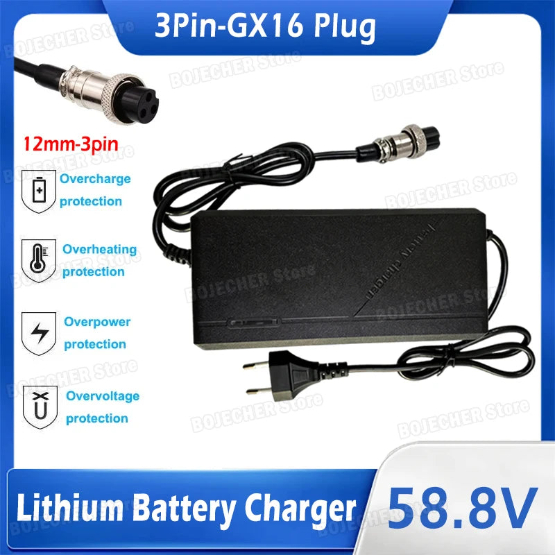 58.8V 2A Lithium Battery Charger With 12mm-3pin GX16 Connector For 52V ZERO 8 ZERO 10X VSETT 9 Li-ion Batteries Charger With Fan Oasis Select