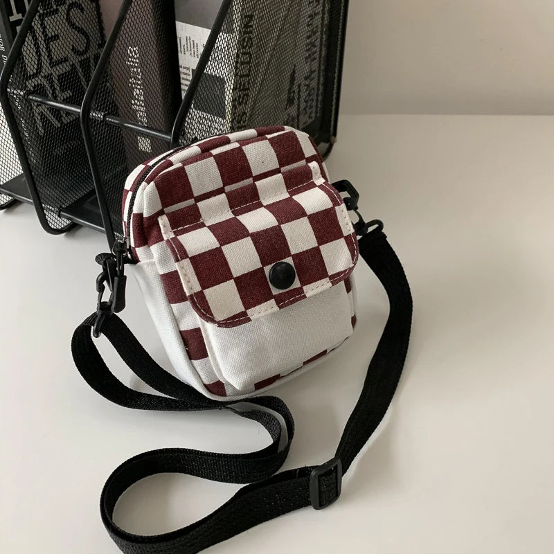 Men Sports Messenger Bag Adjustable Strap Daily Commute Travel Essential Mini Checkered Square Design With Front Fashion Pocket Oasis Select Coffee