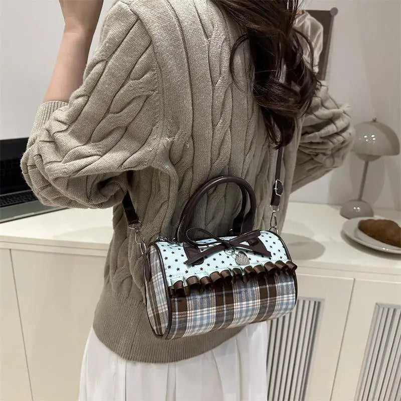 Retro Sweetheart Polka Dot Cylinder Handbag Bow Decor Crossbody Handbag Fashion Korean Kawaii Brown Small Shoulder Bag Oasis Select