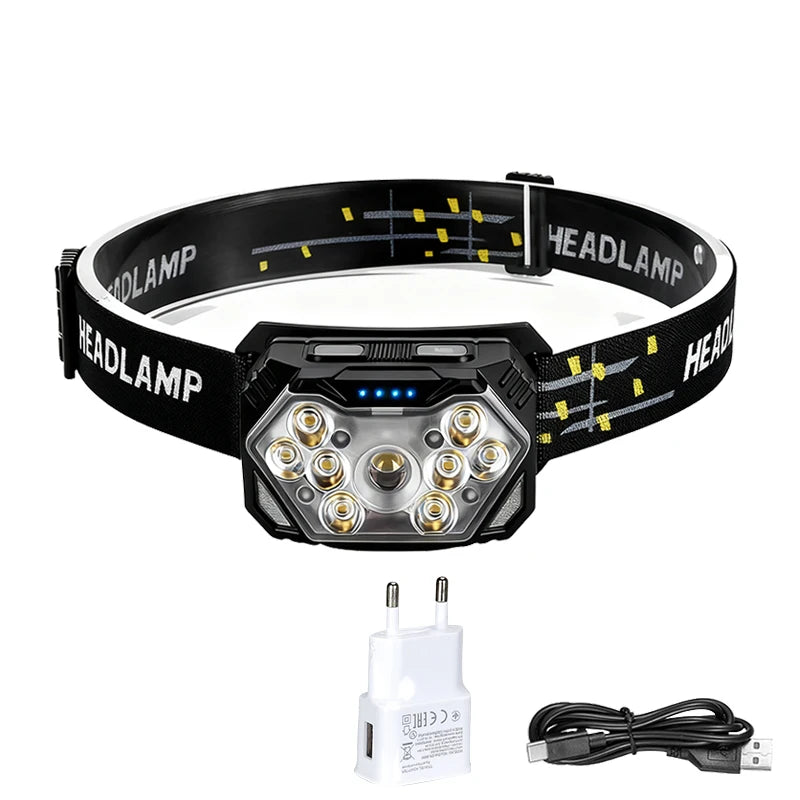 Rechageable Motion Sensor Headlight 9 Led Strong Light Headlamp Portable Fishing Camping Outdoor Head Lamp Work Flashlight Oasis Select 1PCS-EU