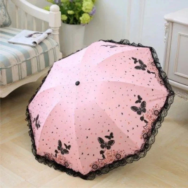 Butterfly Lace Printed Sunshade Umbrella For Both Rain Triple Fold Wind Resistant and Sun ResisTant Black Rubber Umbrella Oasis Select