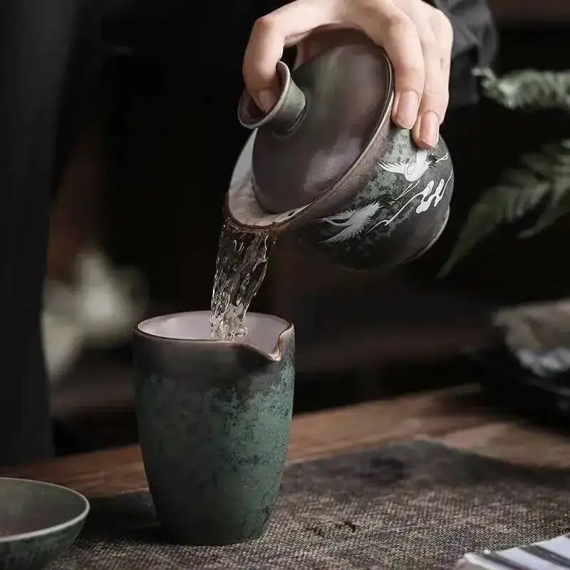 Japanese Kiln Change Color Ceramic Sancai Gaiwan Kung Fu Tea Set Household Tea Brewer Creative Crane Large Serving Tea Bowl Oasis Select