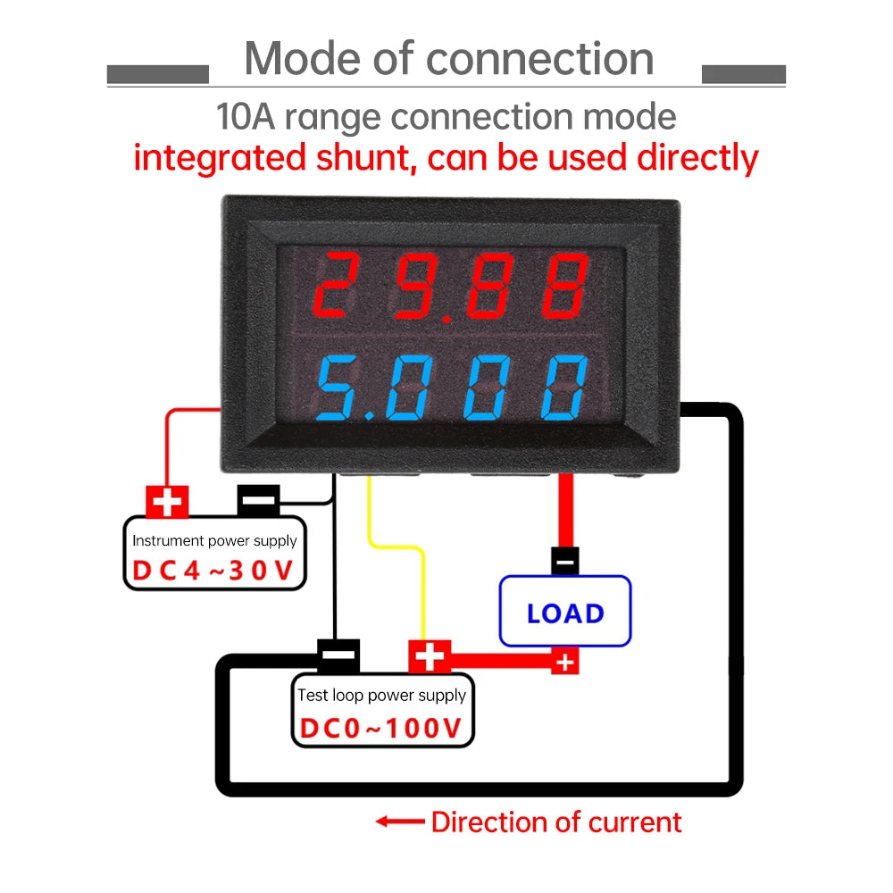 DC0-100V 10A Mini Digital Voltmeter Ammeter 4 Bit 5 Wires Voltage Current Meter Tester Blue Red Dual LED Display White Black Oasis Select