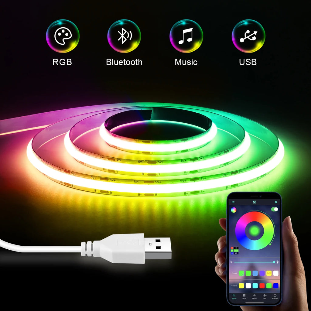 RGB LED COB Strip USB 5V TUYA WIFI/Bluetooth 2 Version Optional,576Leds/m Hight Brightness RA90,Smart APP Control Ambinet Lamp Oasis Select