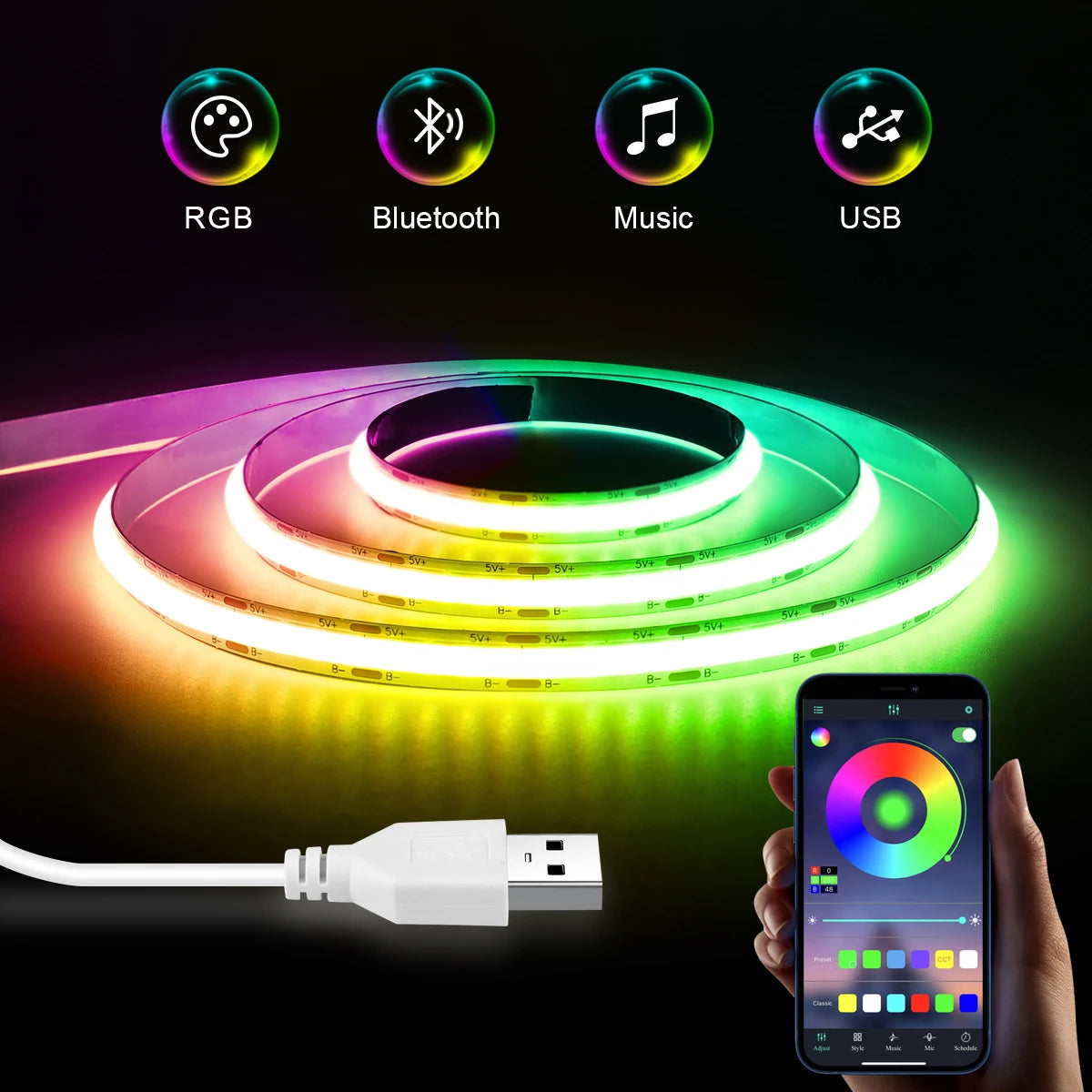 RGB LED COB Strip USB 5V TUYA WIFI/Bluetooth 2 Version Optional,576Leds/m Hight Brightness RA90,Smart APP Control Ambinet Lamp Oasis Select