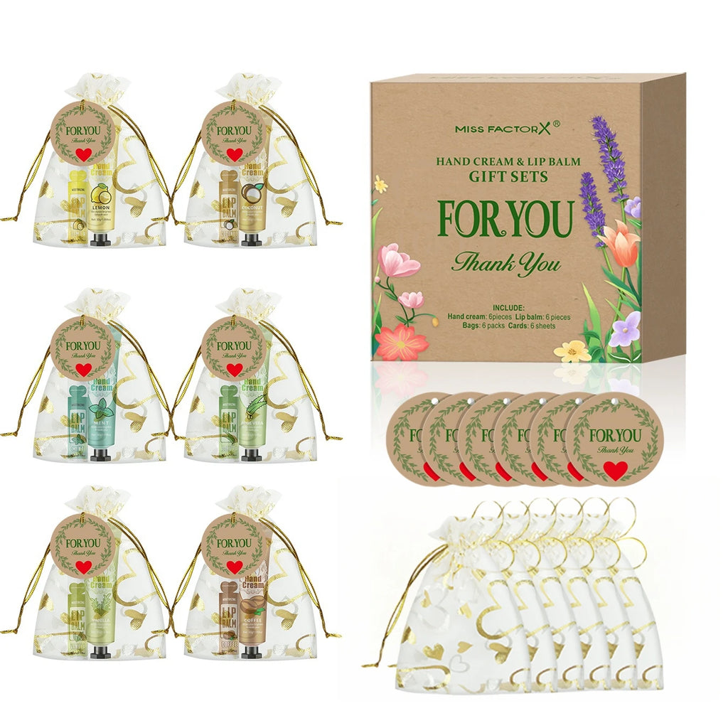 6 sets/box wedding companion gift set, hand cream set lip balm set, love thank you card and love gauze bag, party gift distribut Oasis Select 6 sets gift set