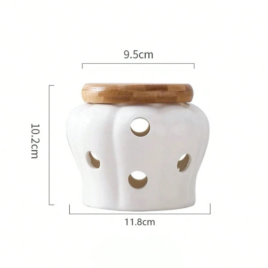 Ceramic Garlic Storage Jar Hollow Out Breathable Ginger Garlic Storage Jar Garlic Ginger Porcelain Container Kitchen Organizers Oasis Select White