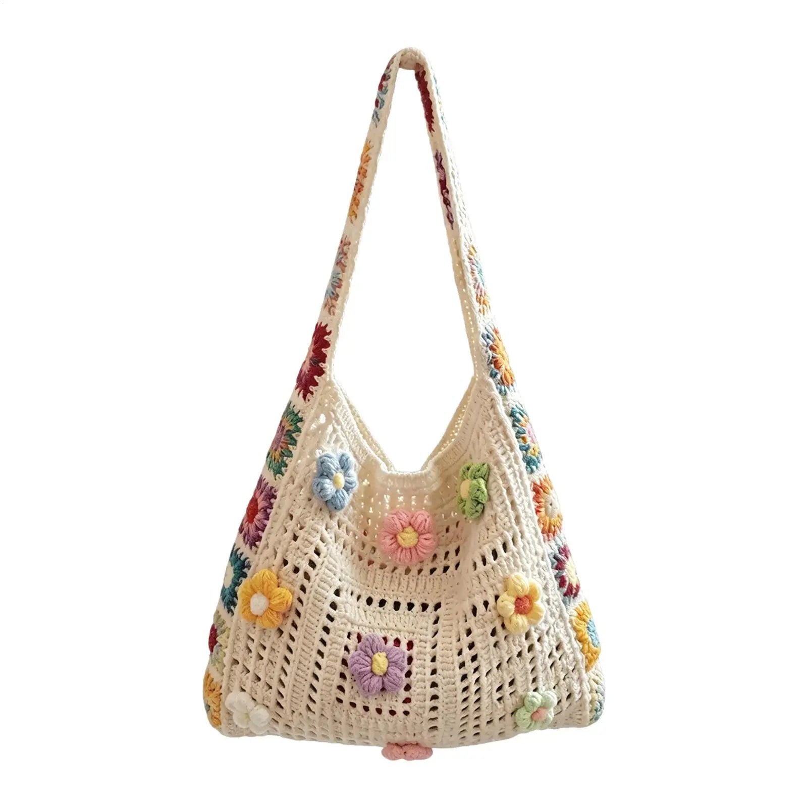 Boho Crochet Bag Flowers Knitted Handbags Large Capacity Summer Beach Woven Shoulder Bag Girls Tote Shopper Bags Handbags Lady Oasis Select