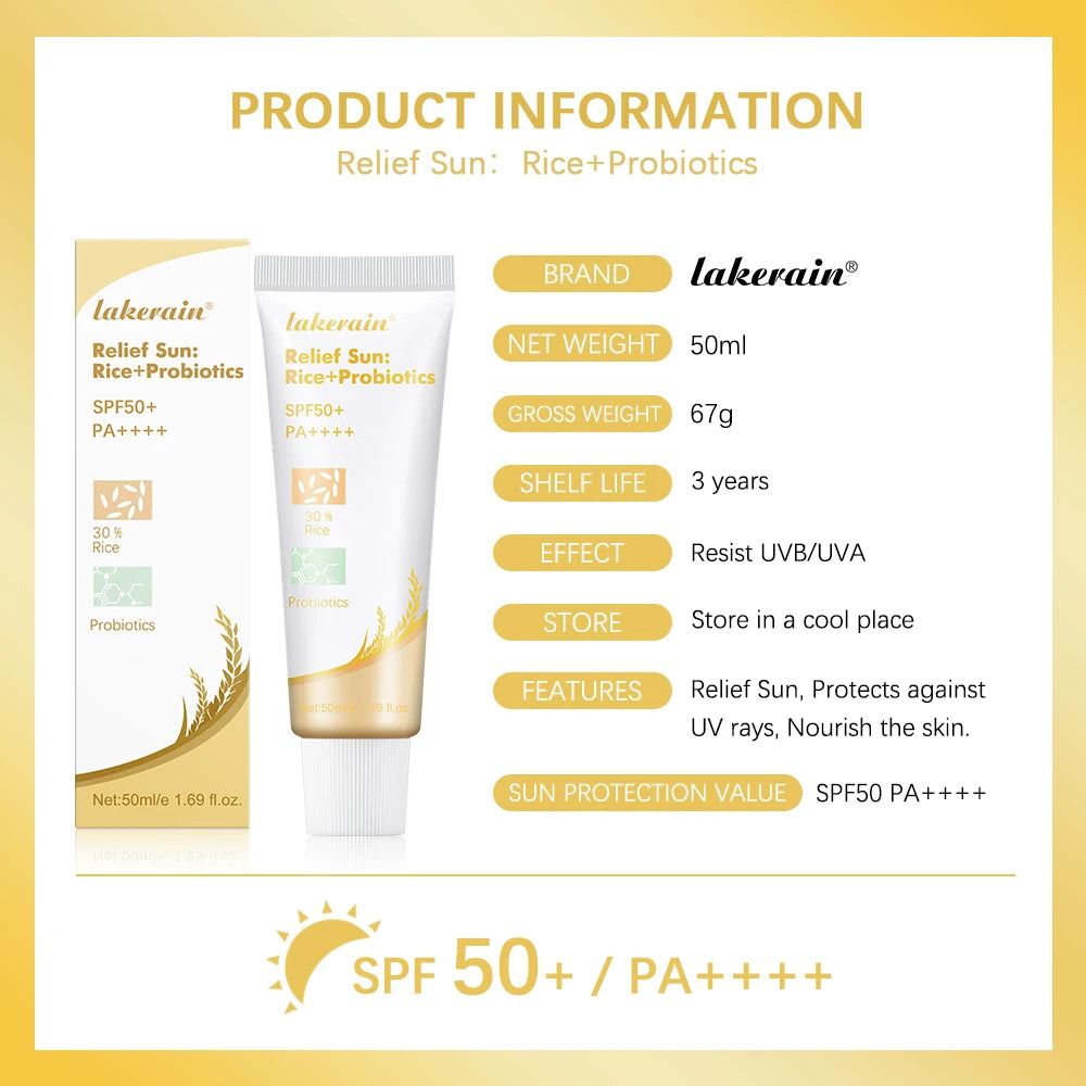 Lakerain SPF50+ Rice+Probiotics Sunscreen Skin Protection Refreshing Makeup Sunscreen Cream UV Resistance Facial Sunscreen New Oasis Select