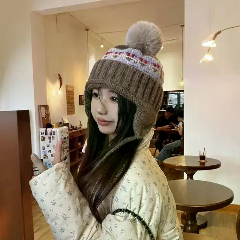 Fair Isle Jacquard Knit Beanie with Pom-Pom & Ear Flaps