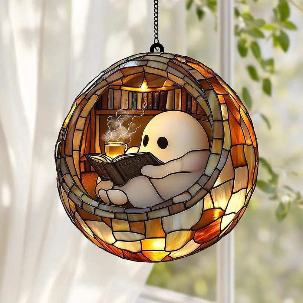 Ghost Reading Book Suncatcher – Acrylic Window Ornament
