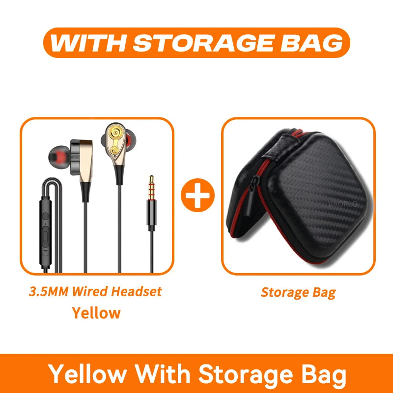 Double Moving Coil Headphones 3.5mm AUX With Mic Dynamic Headset In-Ear Music Gaming Sport Earbuds Bass Surround Shocking Sound Oasis Select Yellow With Bag