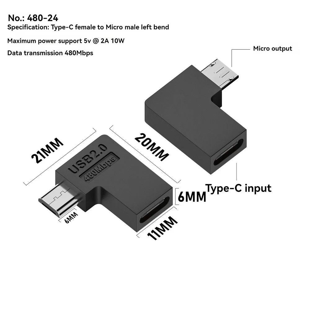 90° USB-C to Micro USB Adapter – 480Mbps & 10W Fast Charge USB Adapter Oasis Select Left Bend
