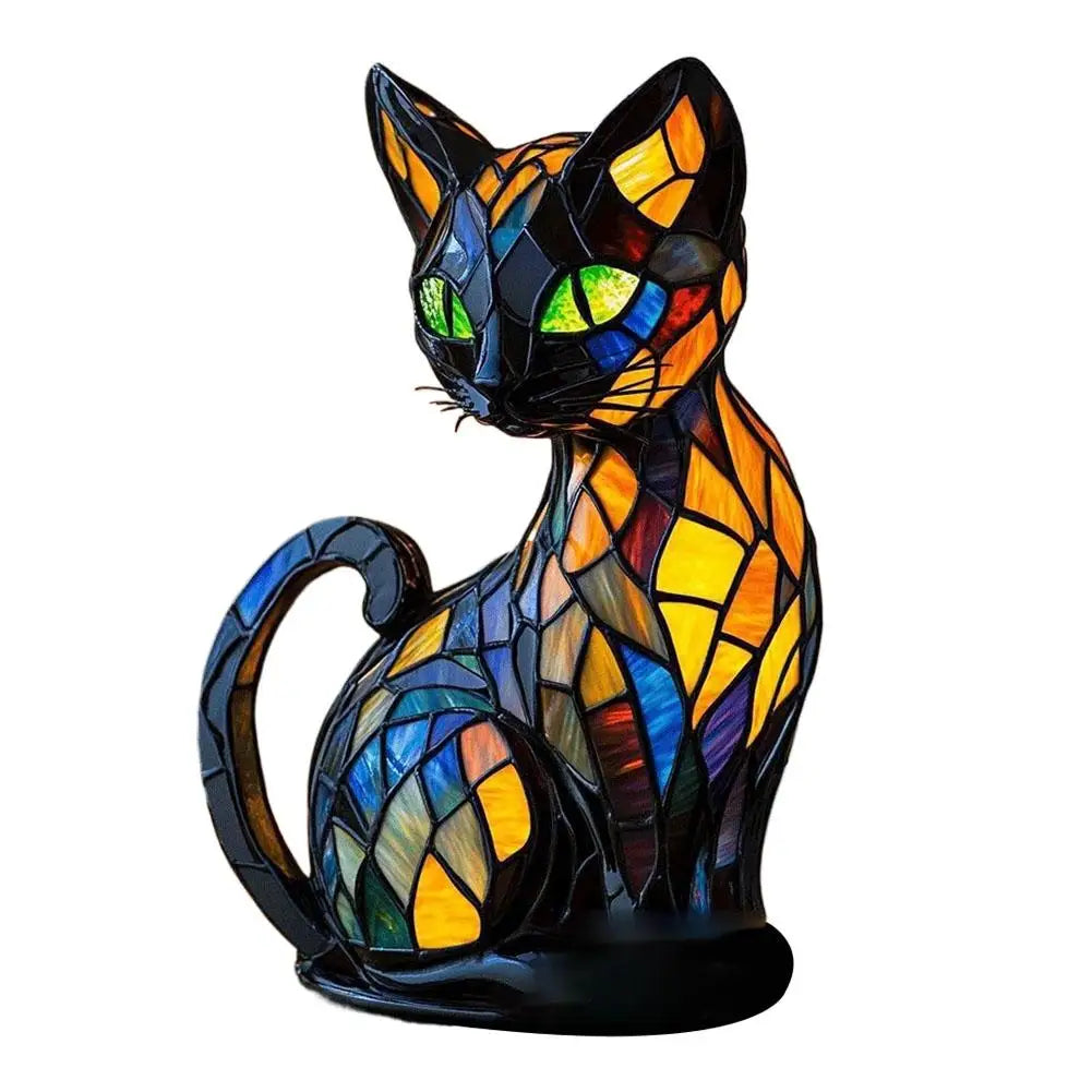 Stained Glass Cat LED Night Light – Color-Changing Resin Lamp