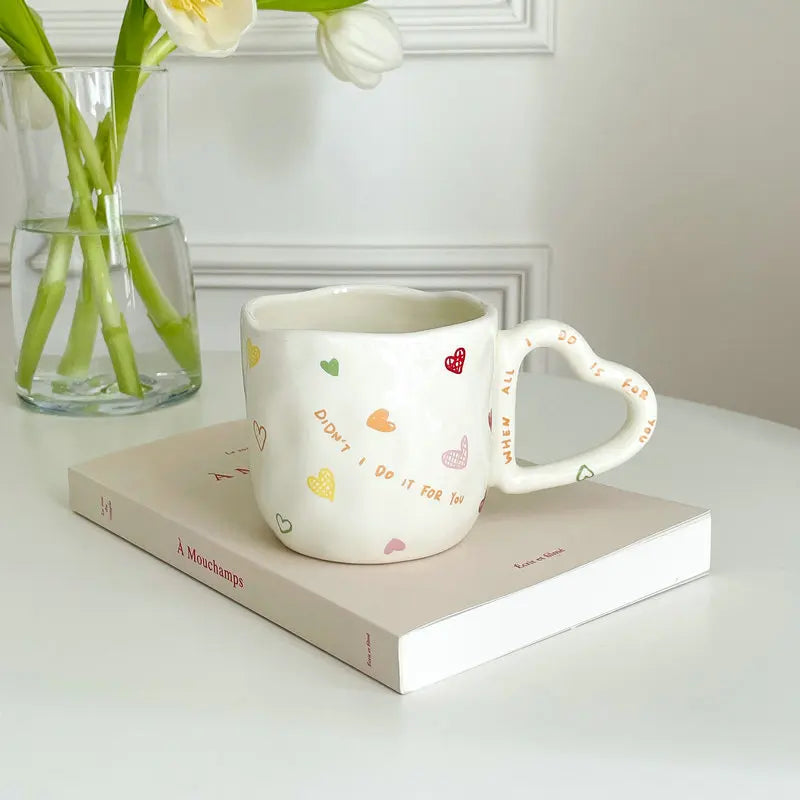350ML Ceramic Coffee Mugs Tulip Love Handle Cups Hand Pinched Irregular White Color Flower Milk Mug Oatmeal Breakfast Tea Cup Oasis Select Love 350ML
