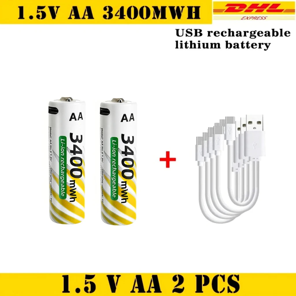 USB-C Fast Charge Lithium-ion AA and AAA Rechargeable Batteries, 3400mWh AA + 900mWh AAA Ideal for Daily Electronics & Toys Oasis Select AA 2pcs-USB