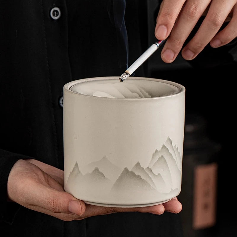 Shanshui Yaju Ru Kiln Ashtray with Lid Anti Fly Ash Office Smoke Cup Household Chinese Funnel Smoke Jar Ceramics Oasis Select
