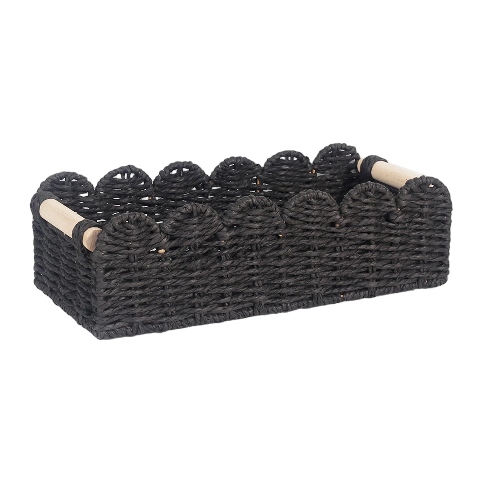 Scalloped Paper Rope Storage Basket with Wooden Handles Woven Storage Basket Oasis Select Black One Size
