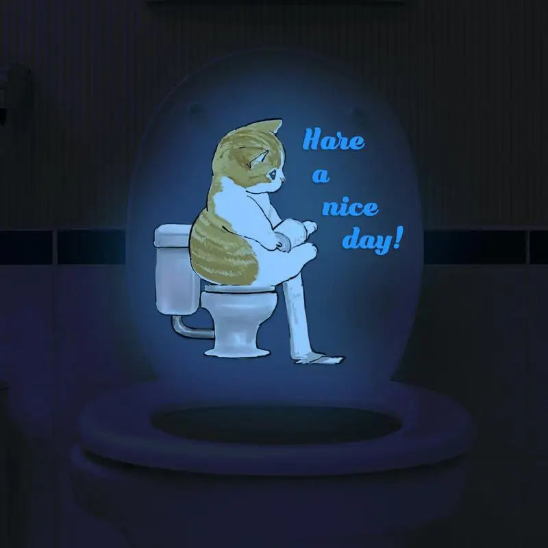 1PC Funny Cat Sticker Glow in the Dark Cat Squatting Toilet Decal English Slogan Toilet Sticker Self-Adhesive Sticker Home Decor Oasis Select A1