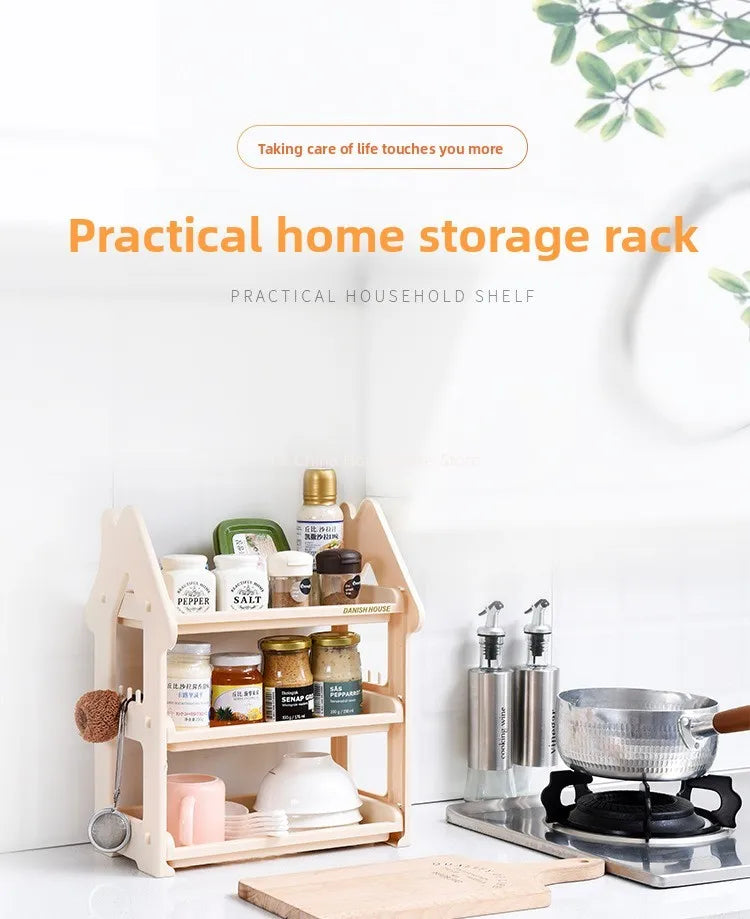 Small House Style 2/3 Layer Kitchen Spice Rack Organizer Plastic Condiment Bottle Shelf for Counter/Bathroom/Desktop Oasis Select
