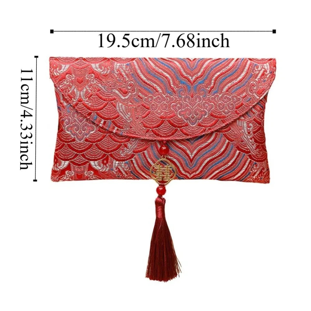 Traditional Spring Festival Red Envelope Embroidered Polyester Lucky Money Packet Tassel Thickened Wedding Hongbao Oasis Select