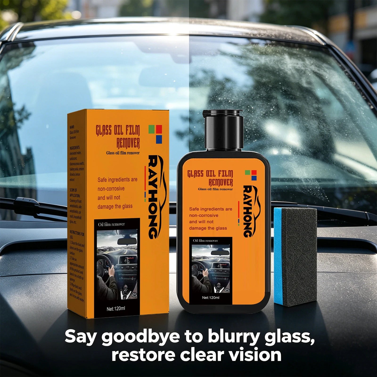 Glass Oil Film Remover for Car Windshield Cleaner with Sponge Car Glass Polishing Clear Window Auto Detailing Improve Clarity Oasis Select