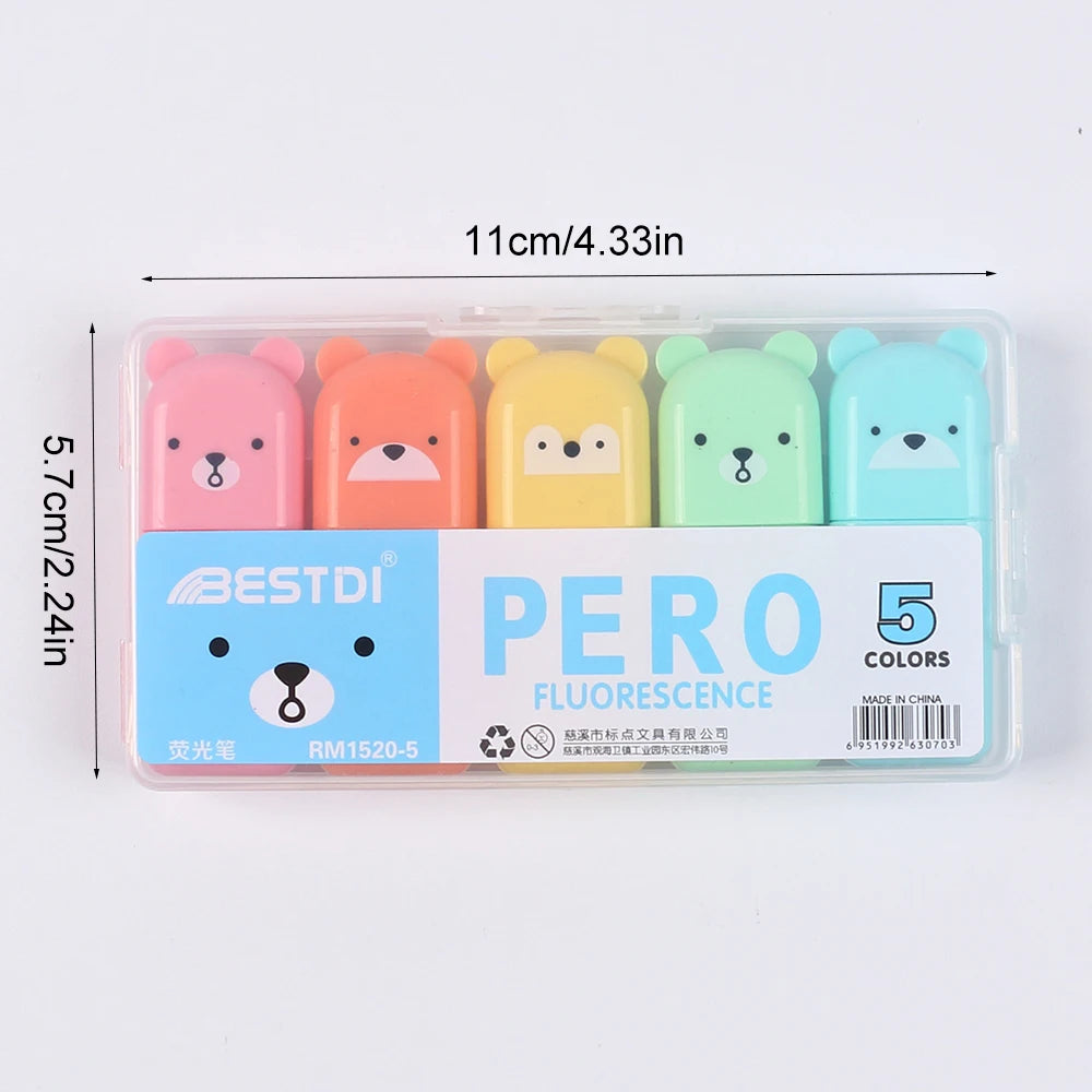 4/5/6Pcs Mini Highlighter Pens Bear Macaron Colors Highlighting Stationery Drawing Noting School Supplies Oasis Select 5Pcs Set
