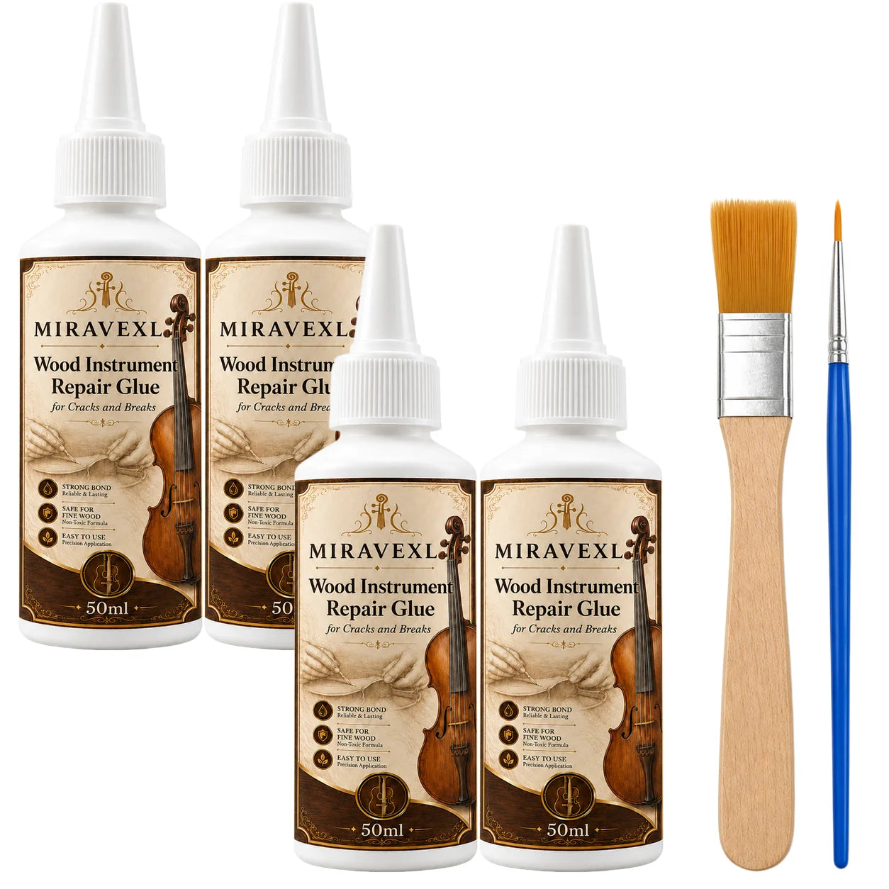 Wood Instrument Repair Glue 50ml Set Flat Brush Detail Brush for Guitar Violin Cello BridgeNeck Crack Fix Adhesive Kit Pack Pro Oasis Select 4 bottles