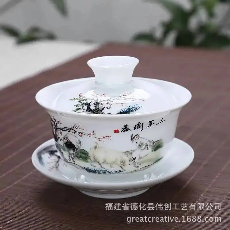 3.8-inch White Porcelain Big Cover Bowl Ceramic Tea Sancai Cover Bowl Blue And White Tea Bowl Oasis Select Sanyang Kaitai