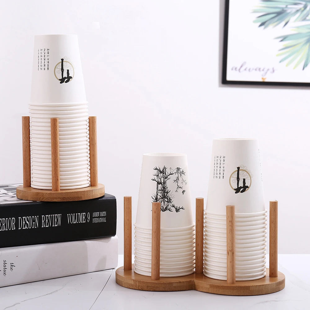 1pc Bamboo Wooden Cup Storage Rack Creative Round DIY Household Cup Holder For Disposable Paper Cup Counter Desktop Storage Rack Oasis Select