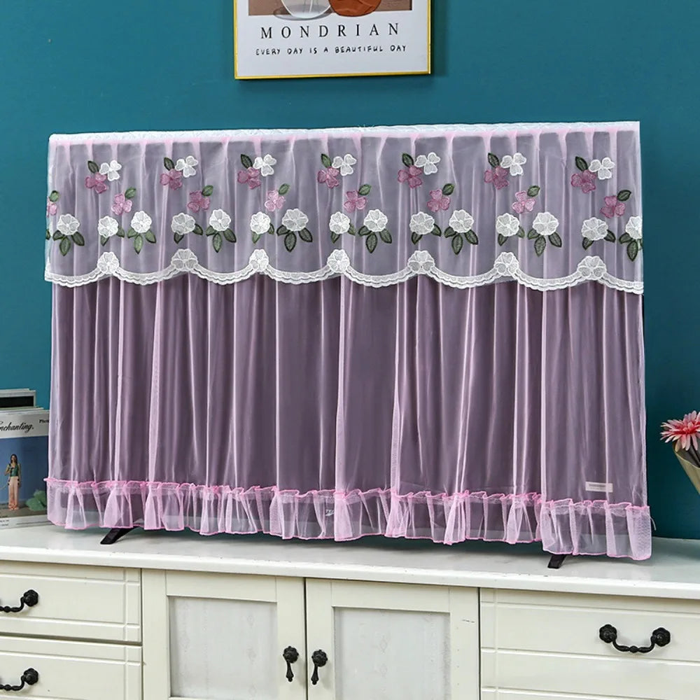 Fashion 32 Inch TV Dust Cover Embroidered Lace Wall Mounted LCD TV Protective Cover Ultra-thin TV Screen Monitor Cloth Oasis Select Pink