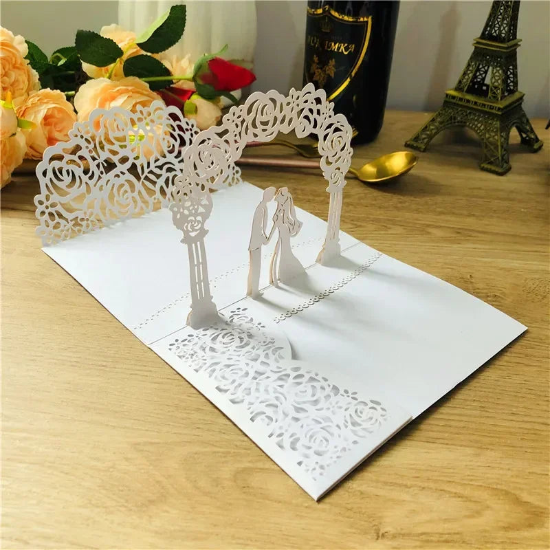 3D Bride and Groom Rose Gold Pop Up Wedding Invitations Laser Cut Greeting Cards Envelope Bridal Shower Invitation Cards Oasis Select White