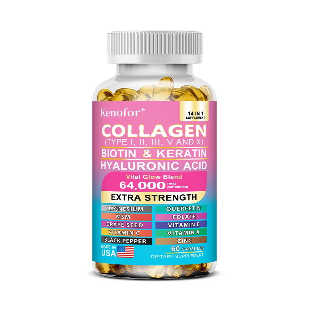 14 IN 1 Collagen Capsules - Biotin & Keratin Skin Care Product Booster Anti Aging Whitening Skin Nail and Hair Care Supplement Oasis Select 60count-1 bottle