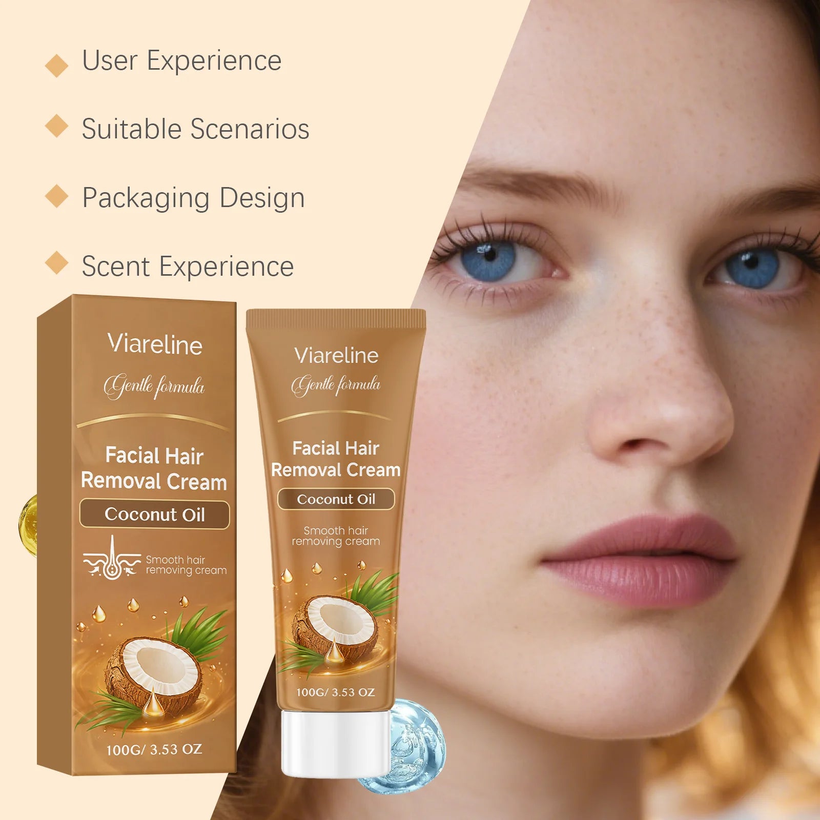 VIARELINE Coconut Oil Facial Hair Removal Cream – Painless Facial Depilatory Cream Oasis Select