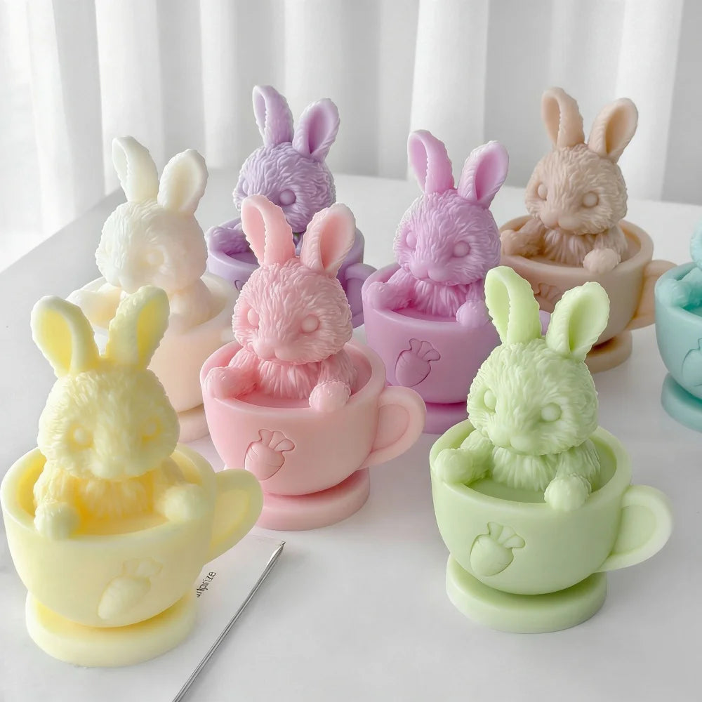 3D Tea Cup Rabbit Candle Silicone Mold DIY Bunny Plaster Mould Soap Resin Crafts Mold Ornament Easter Decoration Home Gift Oasis Select