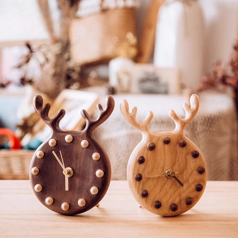 Nordic Solid Wood Table Clock Can Be Hung on The Wall Japanese Modern Ornament Clock with Simple Antlers Oasis Select