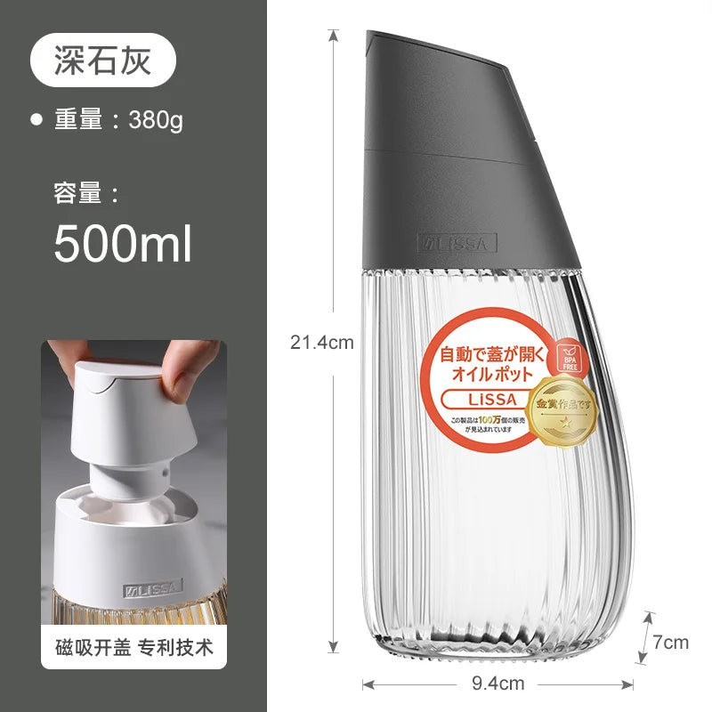 LISSA Glass Oil Pot, Anti-leakage Bottle, Household Kitchen Large Oil Tank, Gravity Automatic Opening and Closing Oil Container Oasis Select grey