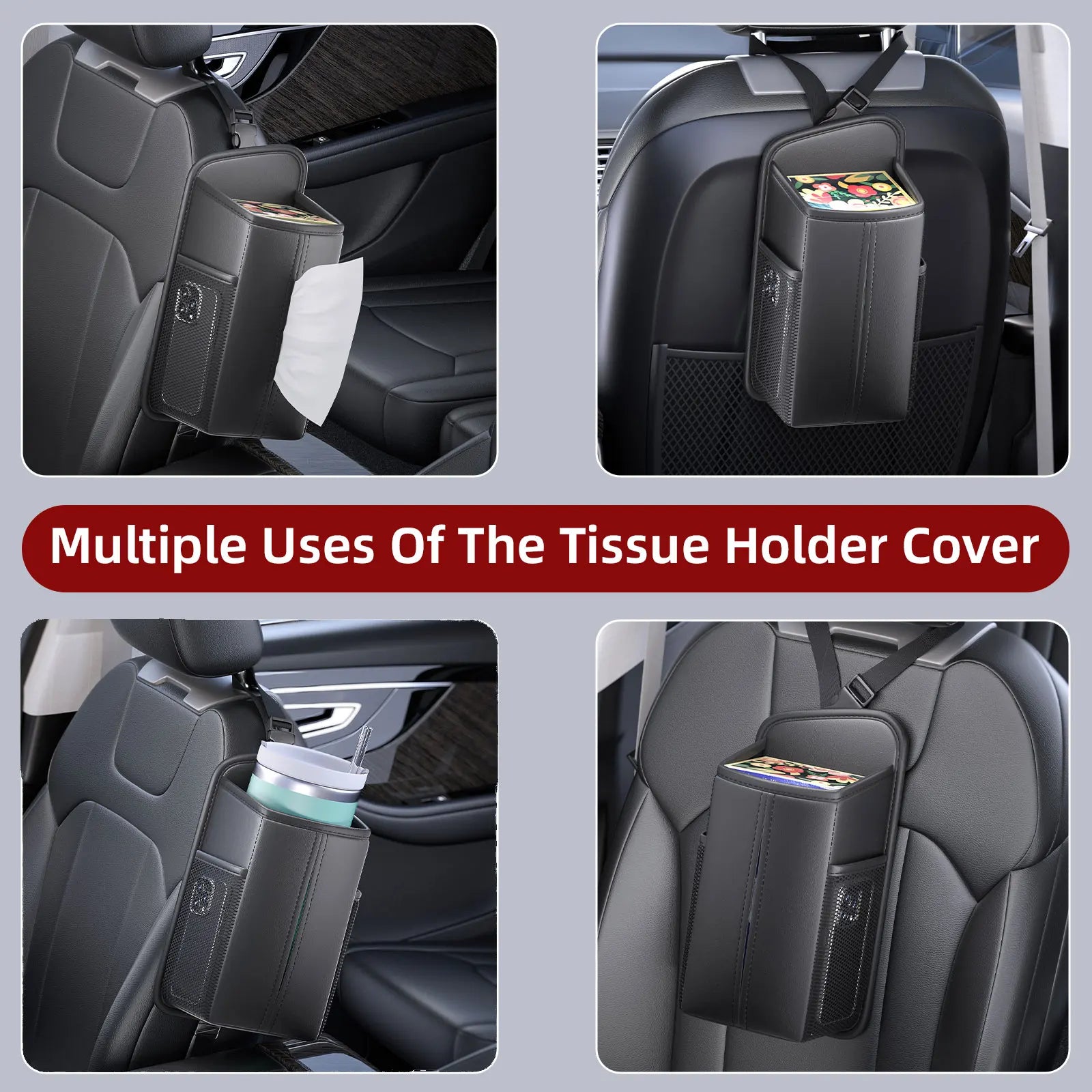 Leather Car Seat Side Organizer | Tissue, Phone & Cup Holder
