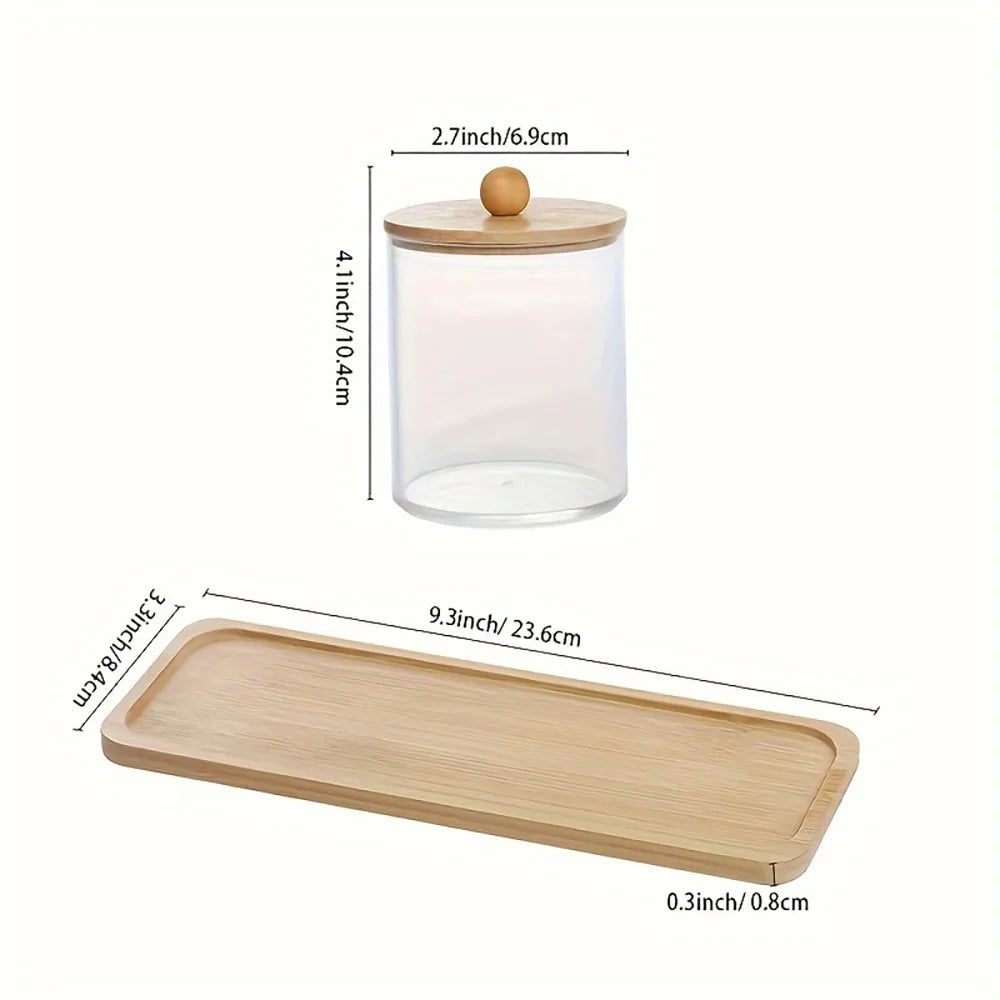 4 pcs/set ,3 swabs/balls/pads holder with 1 dresser bamboo tray, apothecary jar with bamboo lid, clear bathroom container Oasis Select