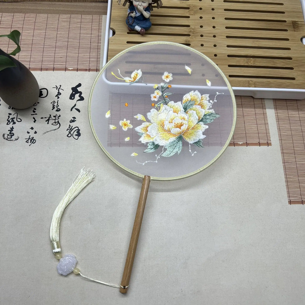 Red Flower Silk Fan Double Sided Embroidery Round Fan Chinese Palace Hanfu Hand Fan Craft Wedding Gift For Guests Home Decor Oasis Select J CHINA 1PC