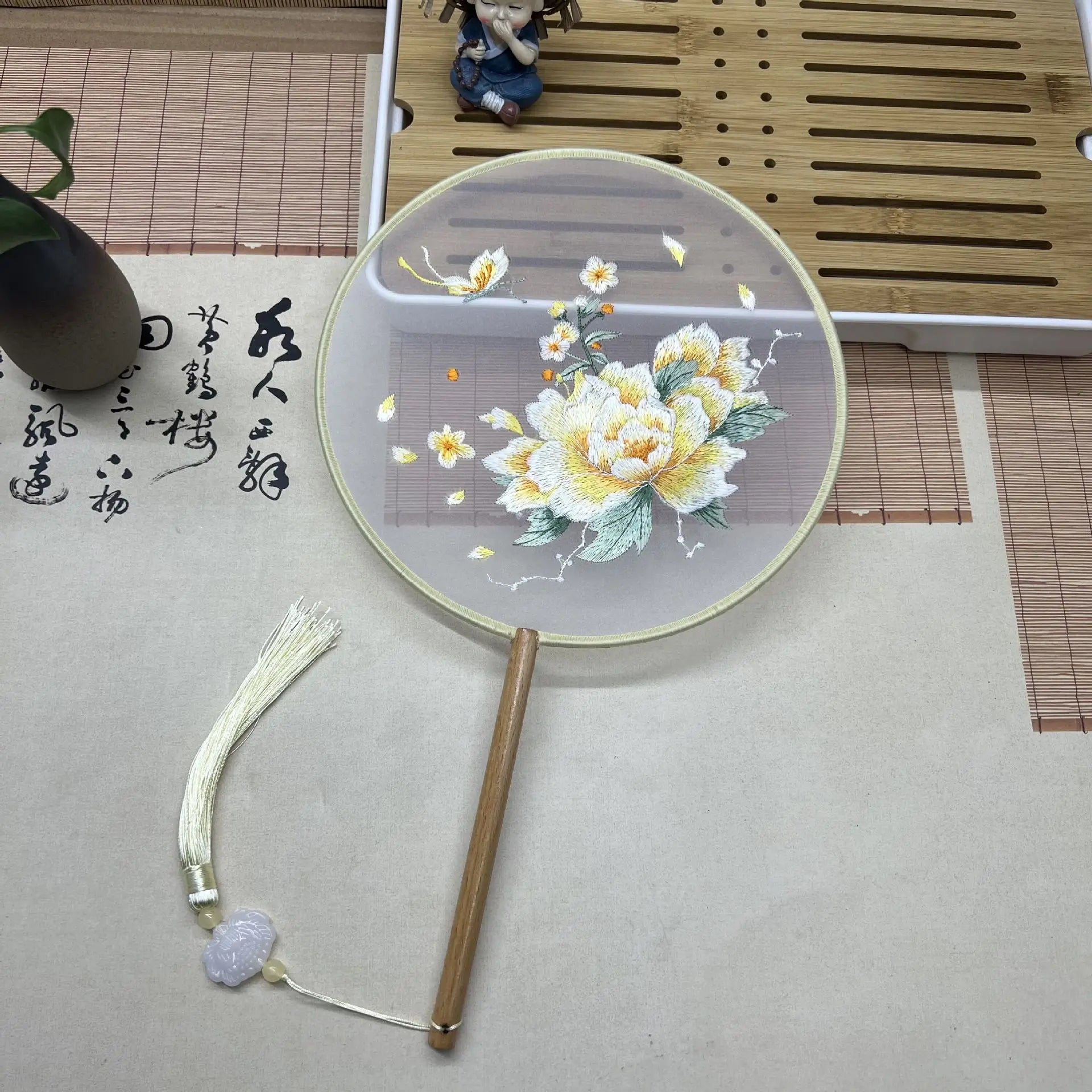 Red Flower Silk Fan Double Sided Embroidery Round Fan Chinese Palace Hanfu Hand Fan Craft Wedding Gift For Guests Home Decor Oasis Select J CHINA 1PC