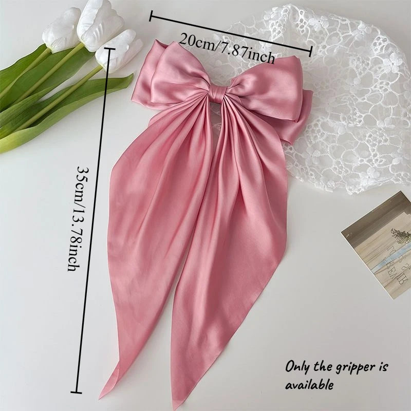 Oversized Satin Bow Hair Clip with Long Ribbon Elegant Solid Color Hairpin for Women Girls Party Daily Hairstyling Oasis Select powder