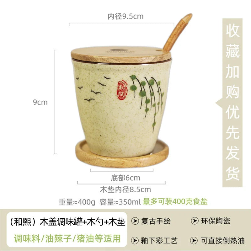 Ceramic Retro Seasoning Pot Hand-painted Salt Pot Oil Tank Pepper Pot for Kitchen Oasis Select spoon wooden mat 3