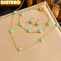 DIEYURO 316L Stainless Steel Round Turquoise Necklace Bracelet Earrings Suit For Womens 2024 New TrendNon-fadingjewelry Set Oasis Select Light Yellow Gold Color