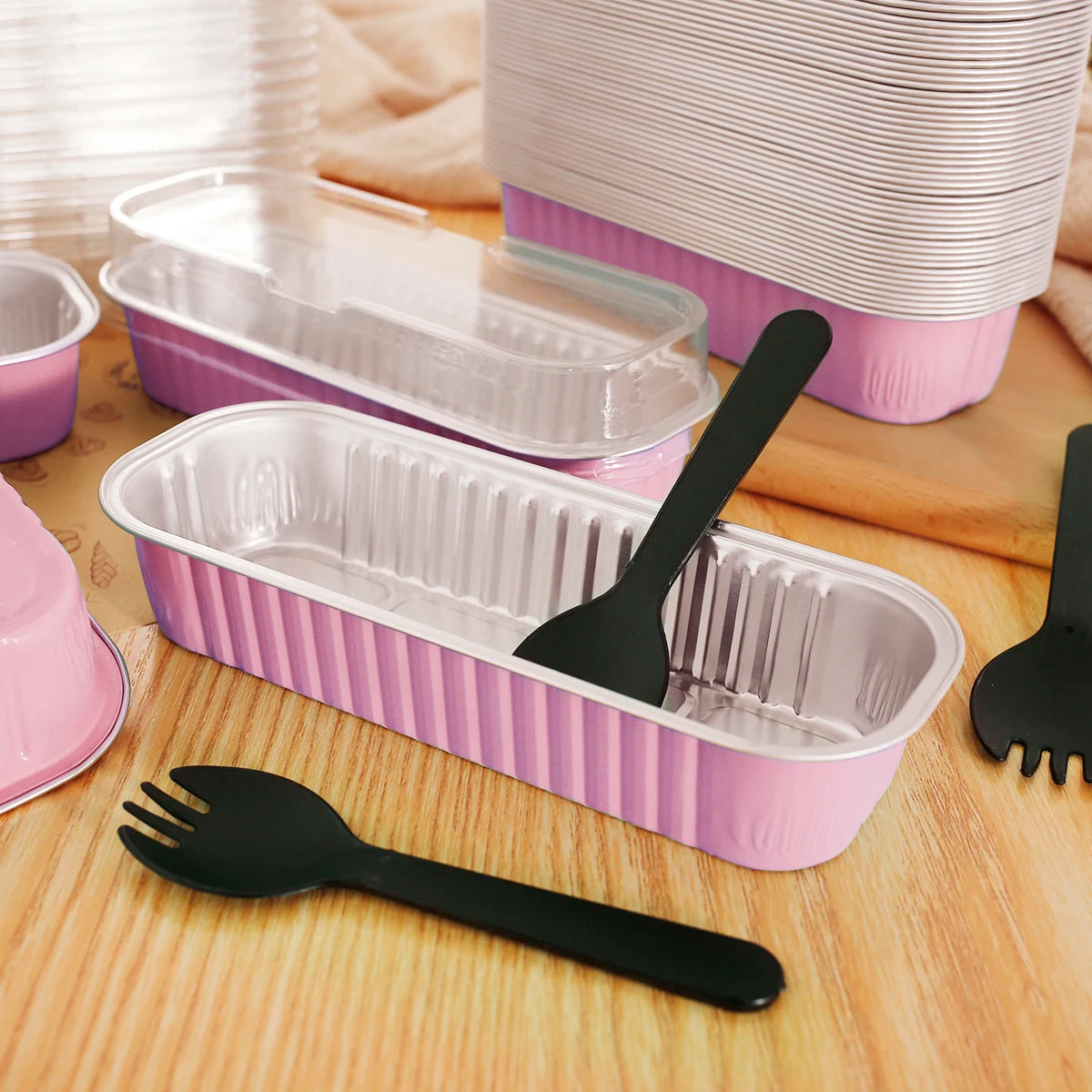 50Set Mini Loaf Pans with Lids and Spoons 6.8oz Rectangle Aluminum Foil Baking Pan Mini Bread Container Heat-Resistant Cake Pans Oasis Select